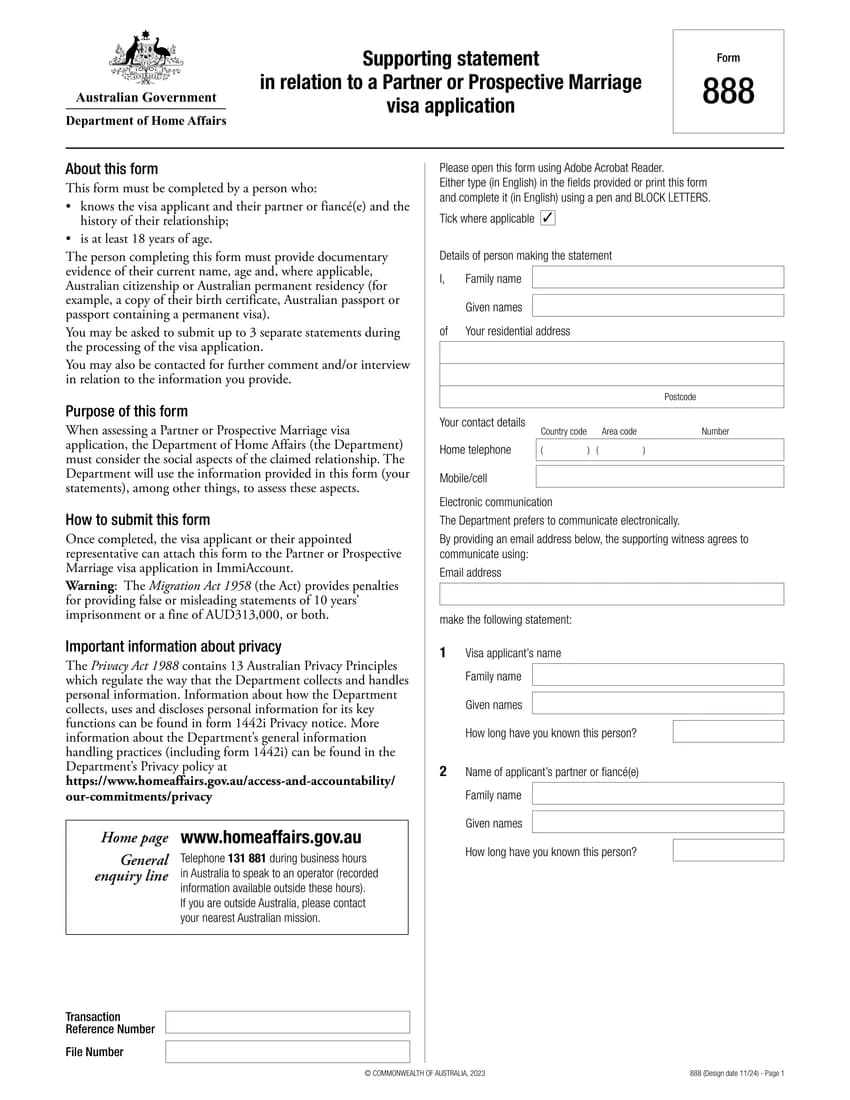 First page of Form 888 form