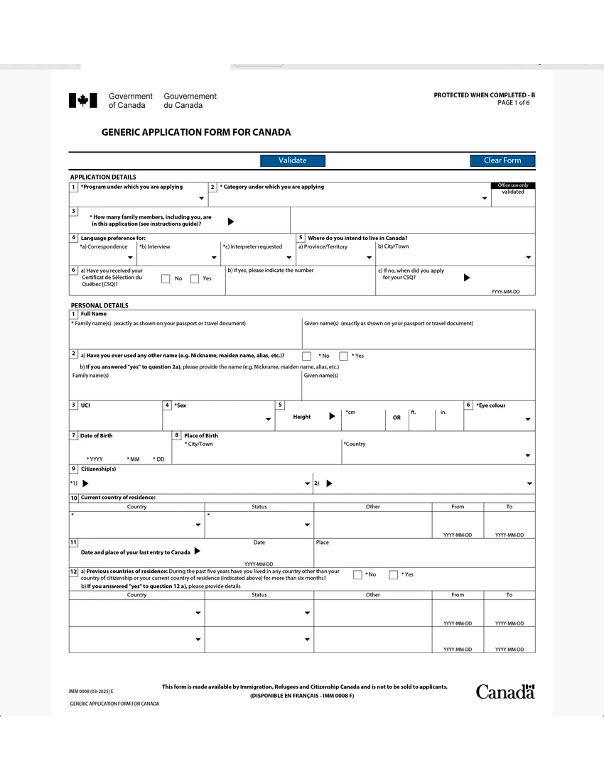 First page of IMM 0008 form