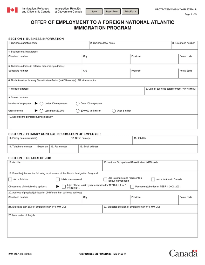 First page of IMM 0157 form