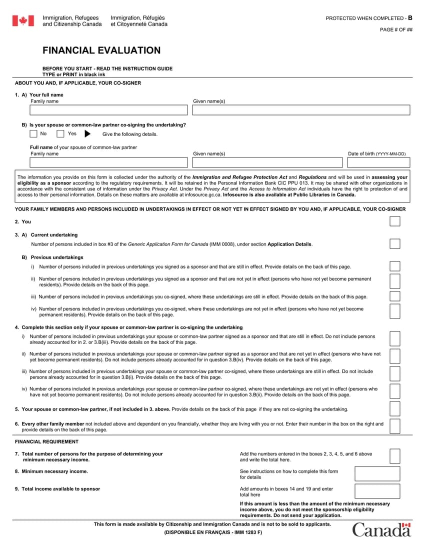 First page of IMM 1283 form