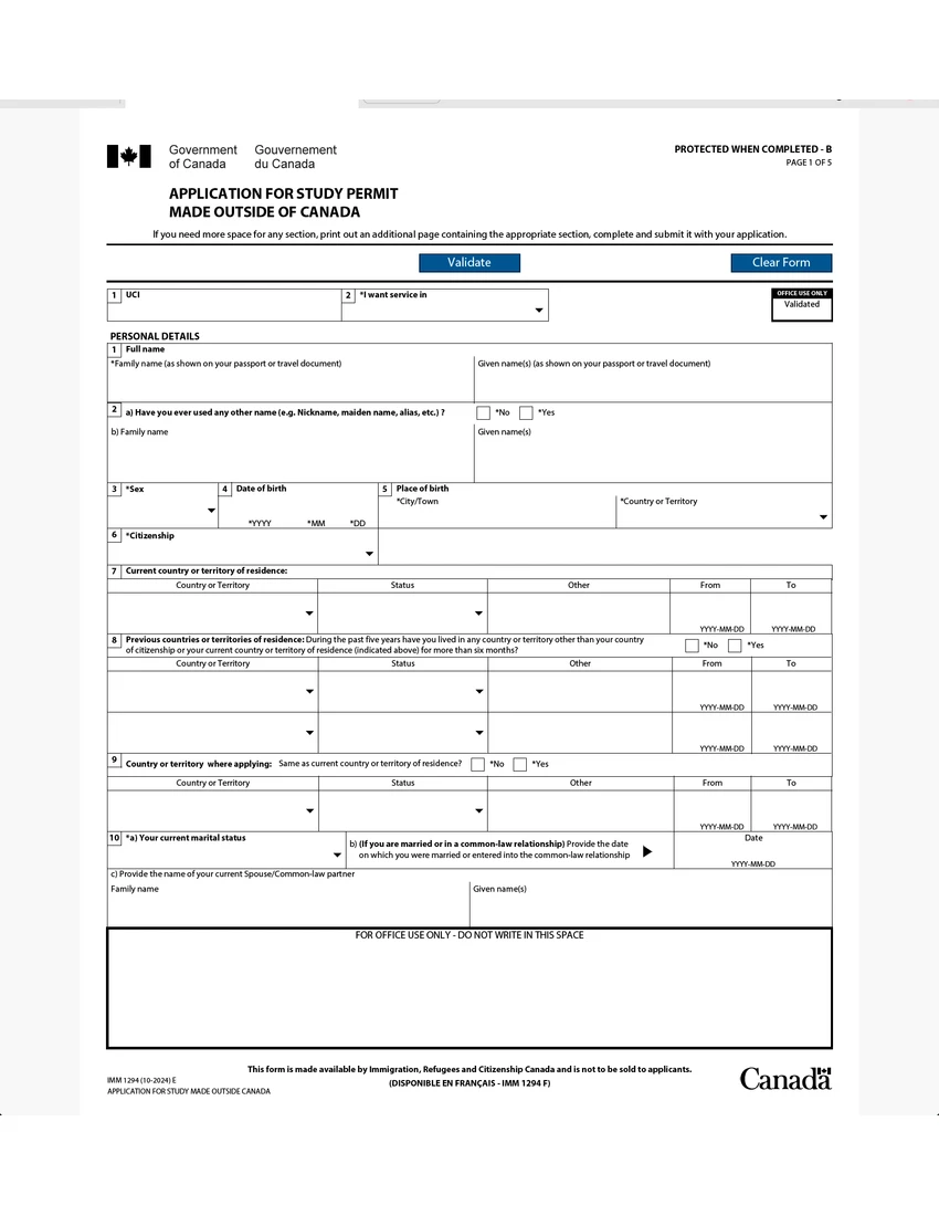 First page of IMM 1294 form