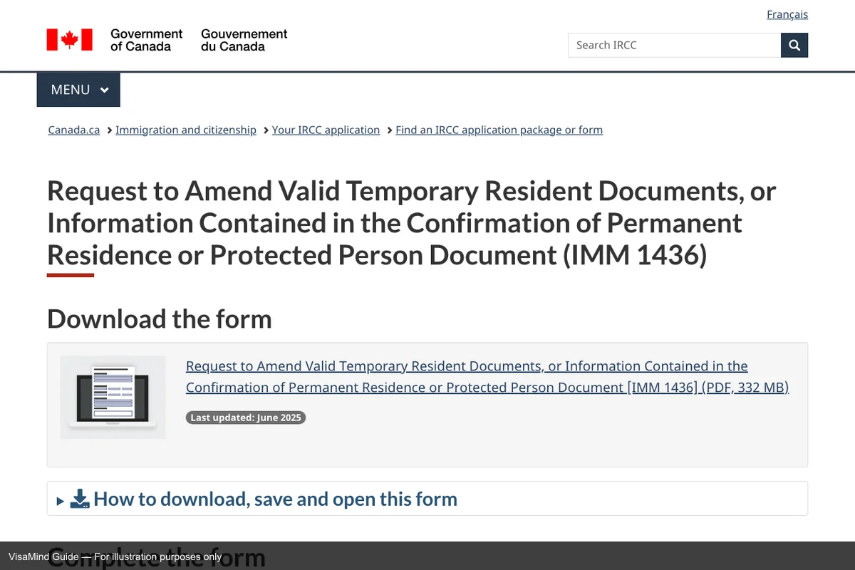 First page of IMM 1436 form