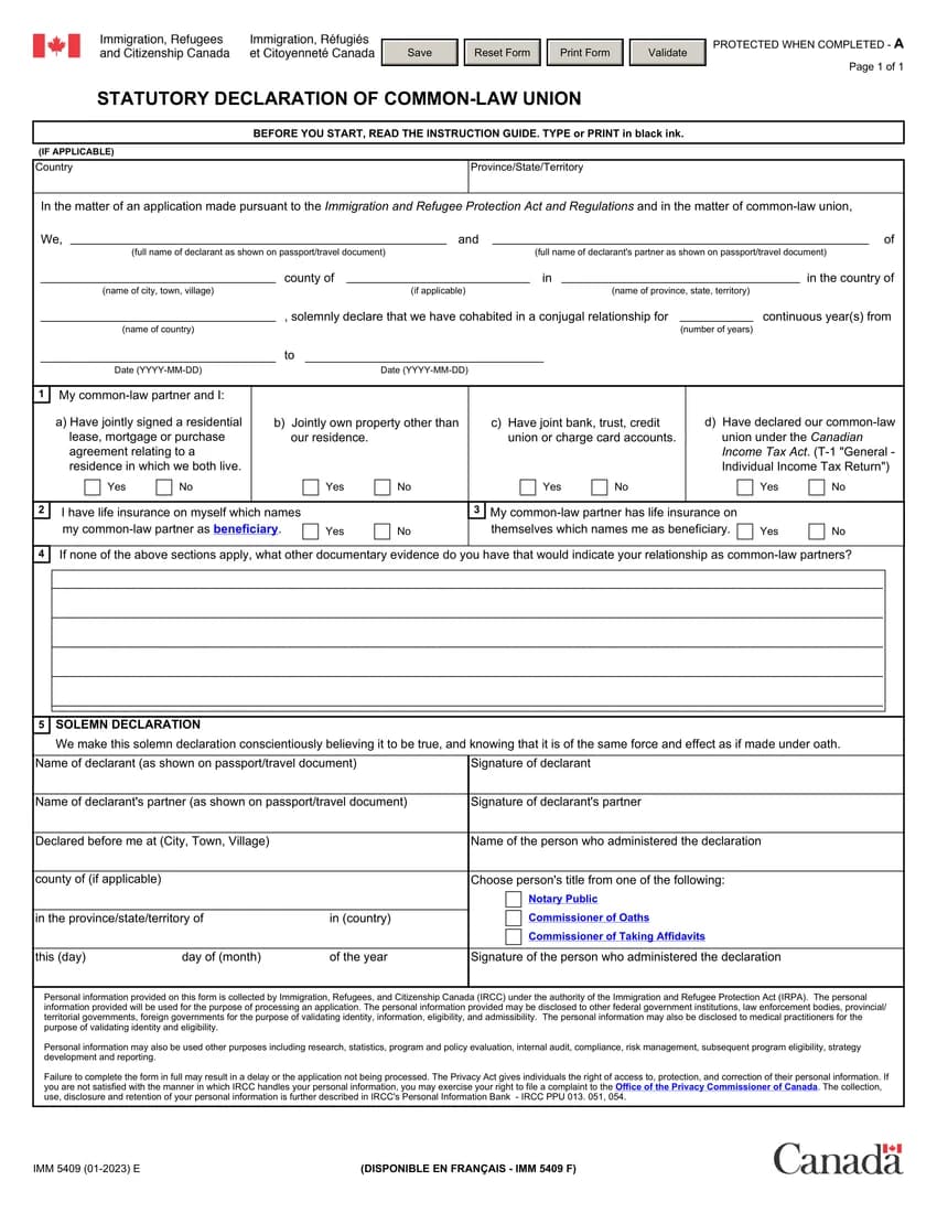 First page of IMM 5409 form