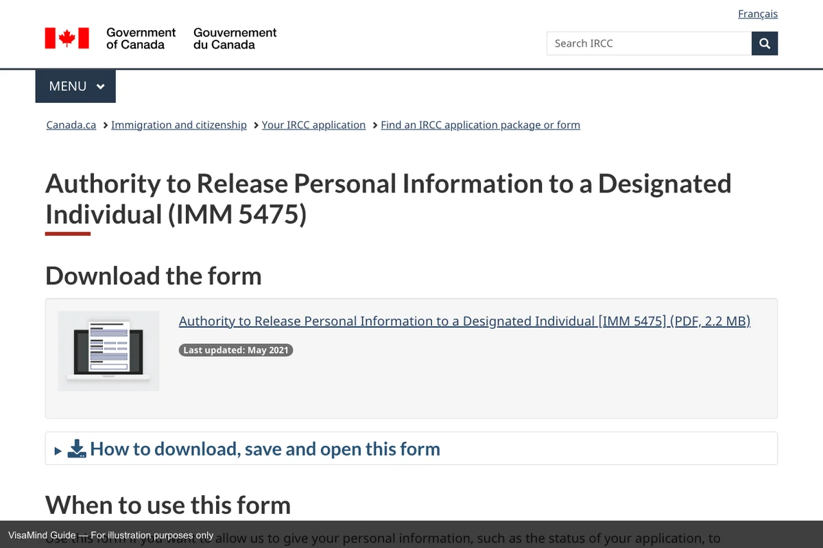 First page of IMM 5475 form