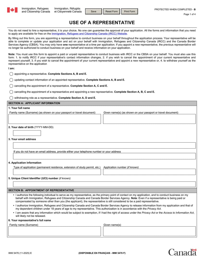 First page of IMM 5476 form