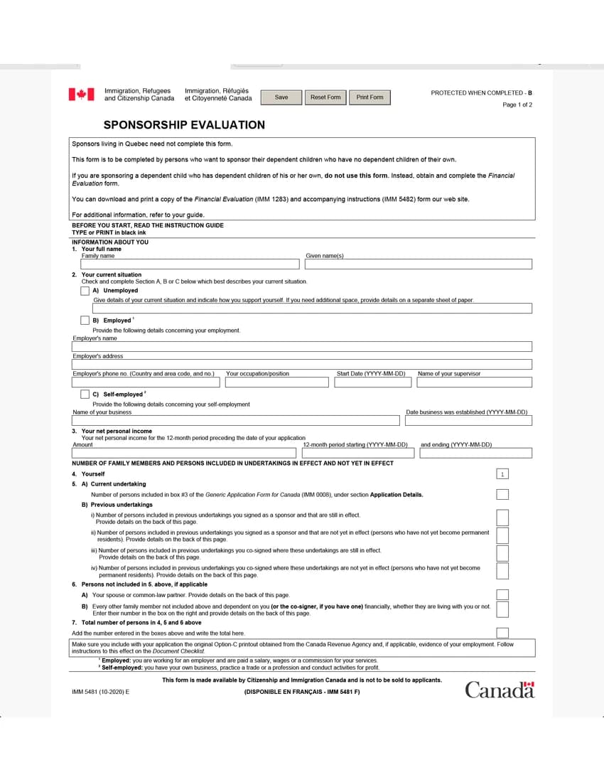 First page of IMM 5481 form