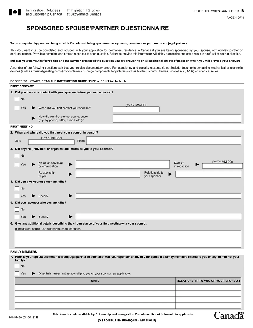 First page of IMM 5490 form