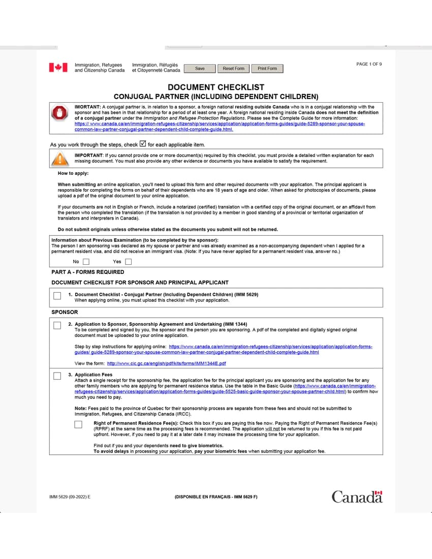 First page of IMM 5629 form