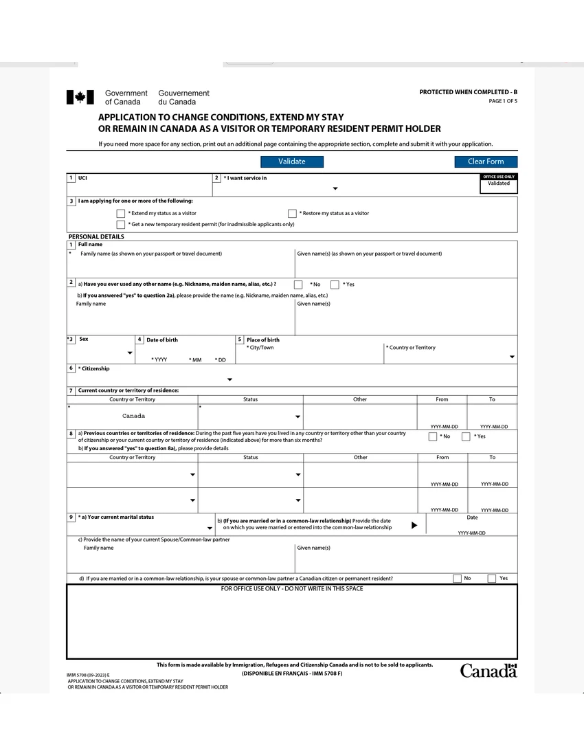 First page of IMM 5708 form