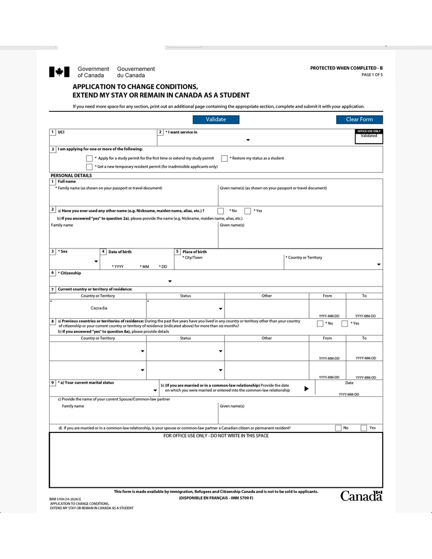 First page of IMM 5709 form