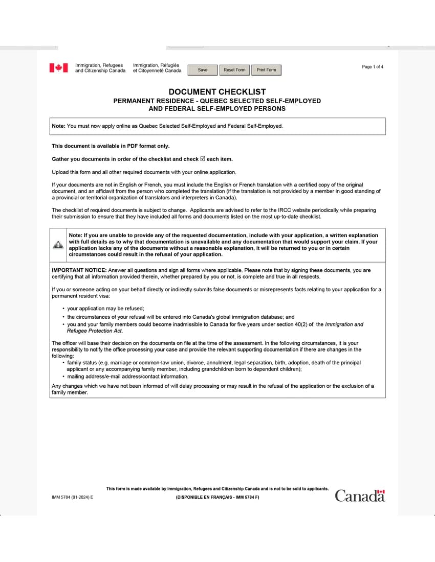 First page of IMM 5784 form