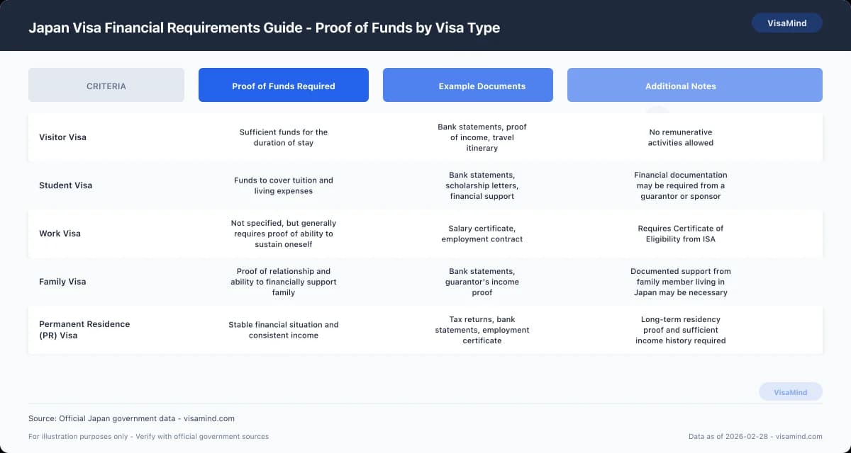 Japan Visa Financial Requirements Guide - Proof of Funds by Visa Type comparison