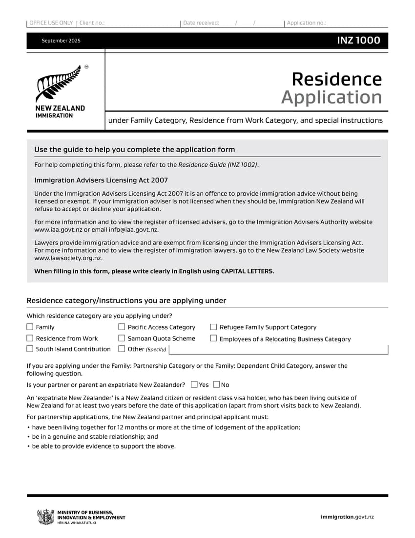 First page of INZ 1000 form