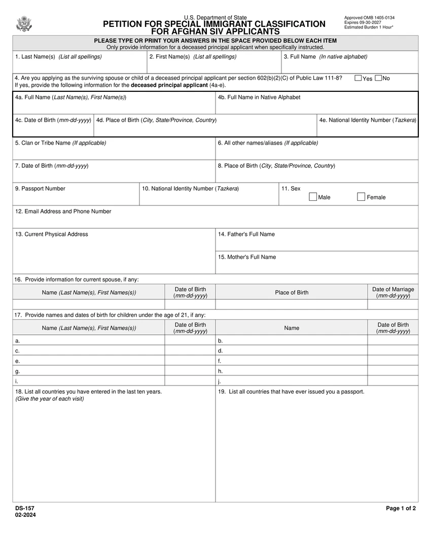 First page of DS-157 form