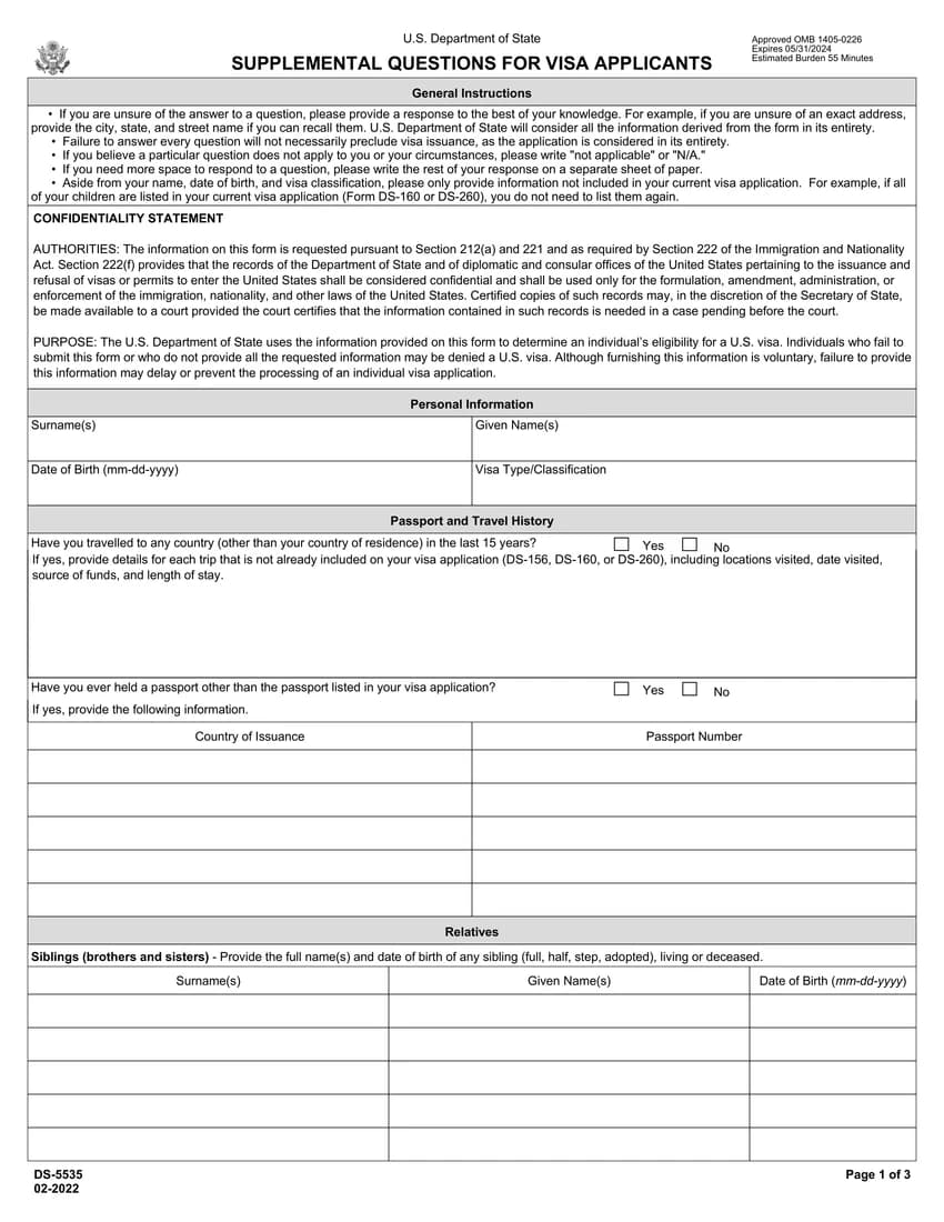 First page of DS-5535 form