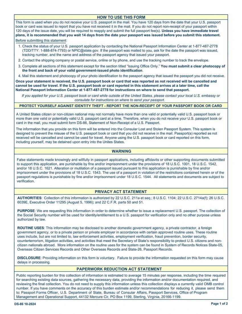 First page of DS-86 form