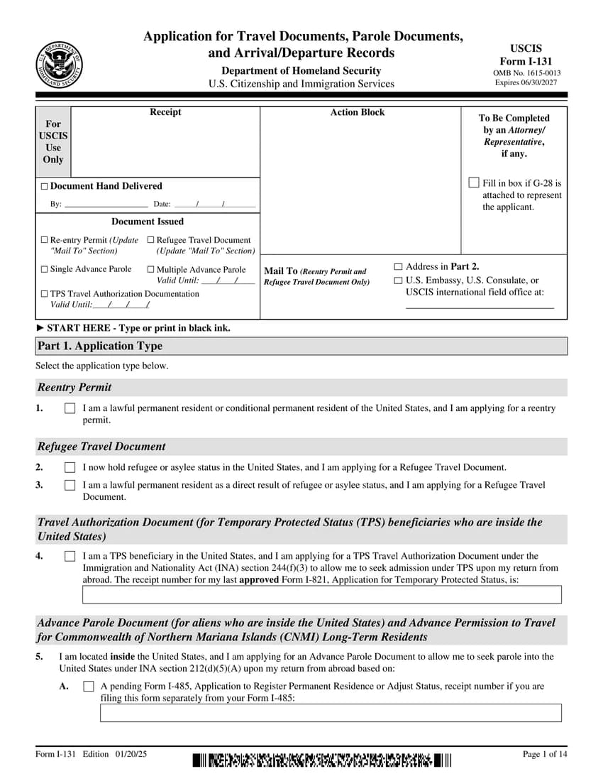 First page of I-131 form