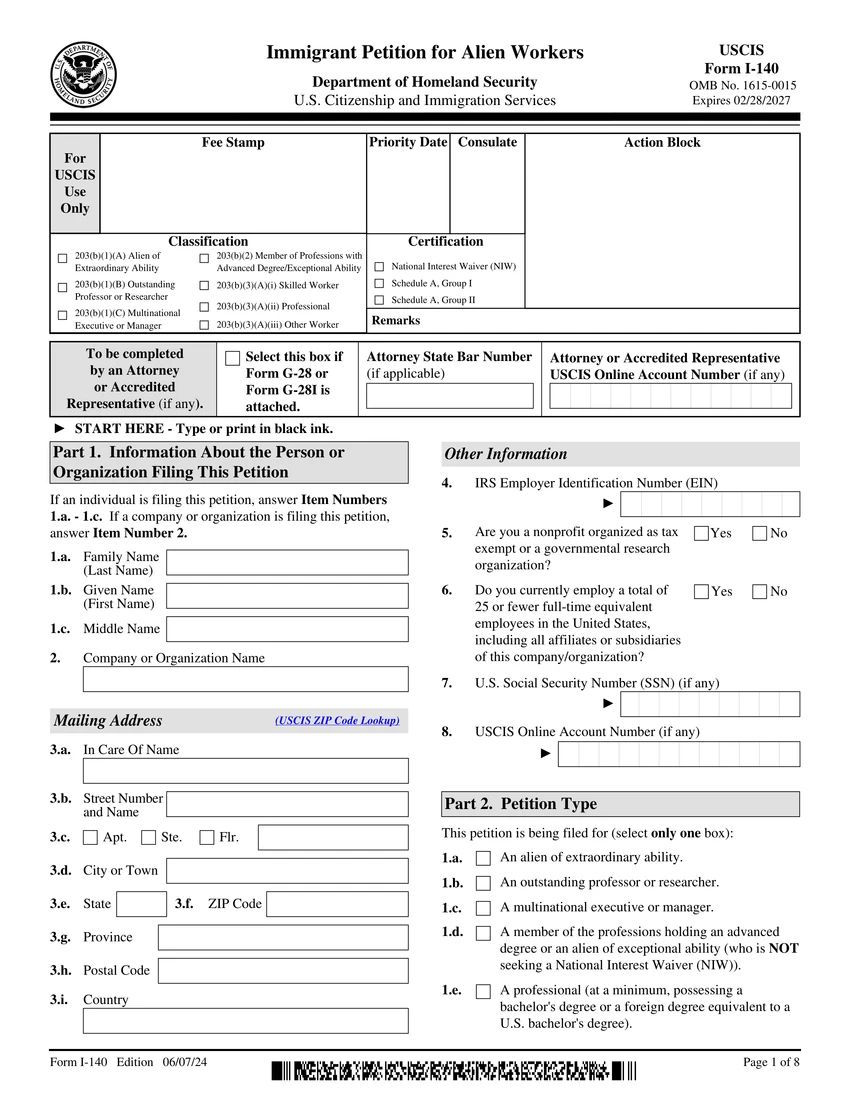 First page of I-140 form