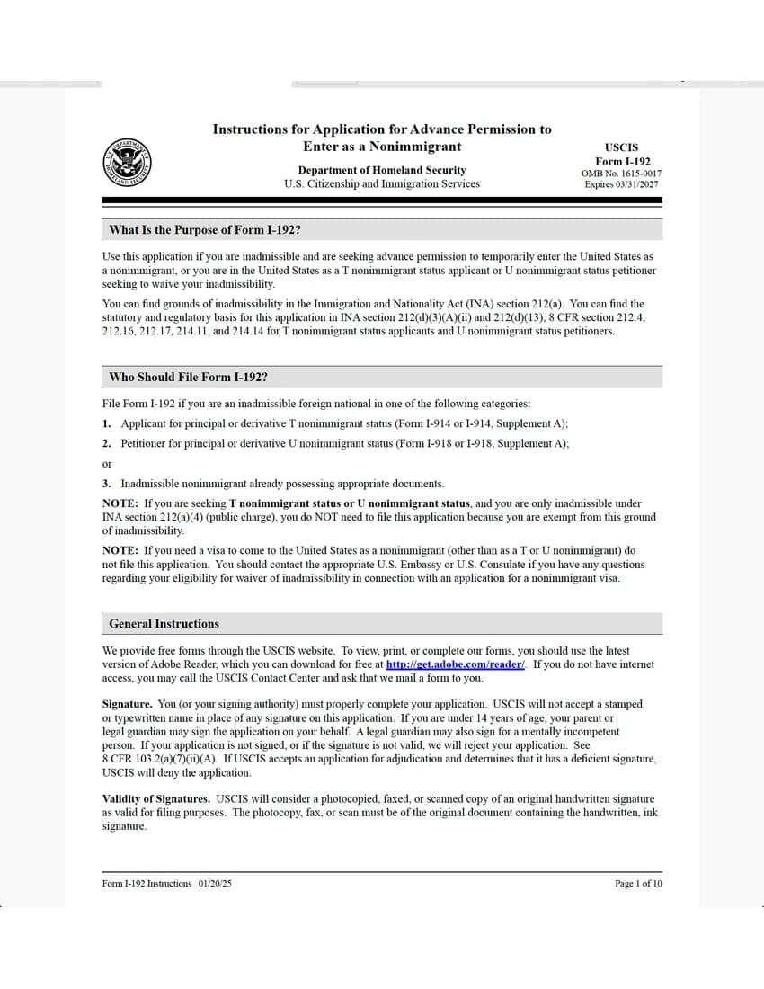 First page of I-192 form