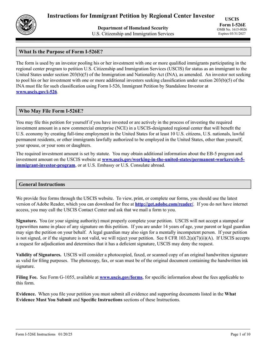First page of I-526E form