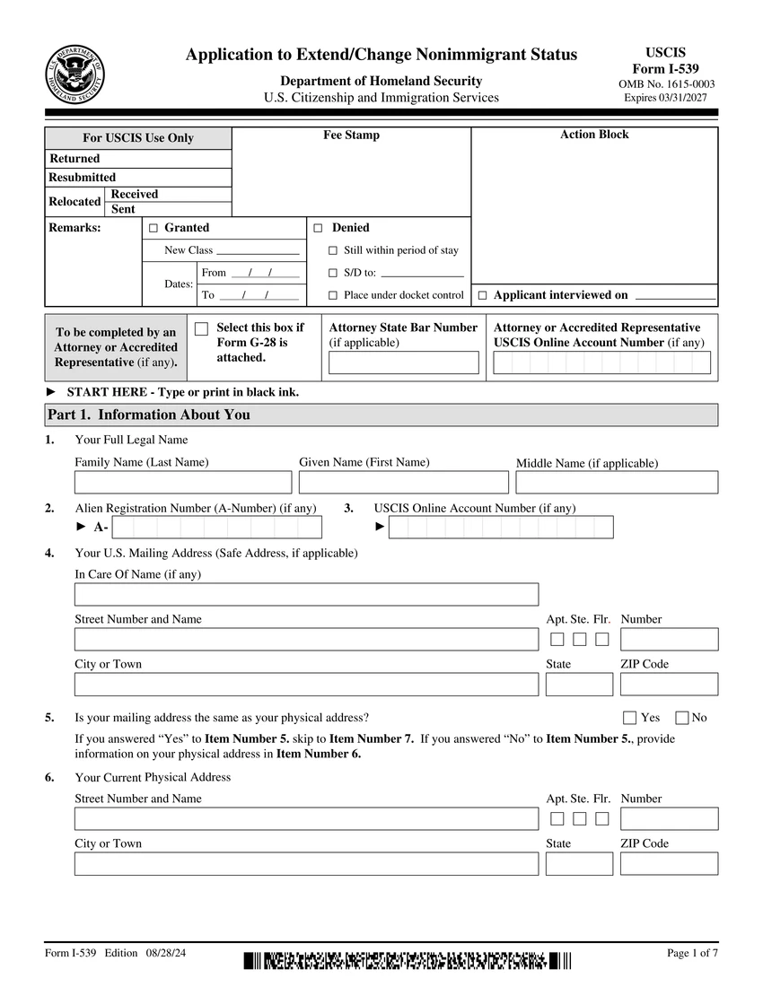 First page of I-539 form