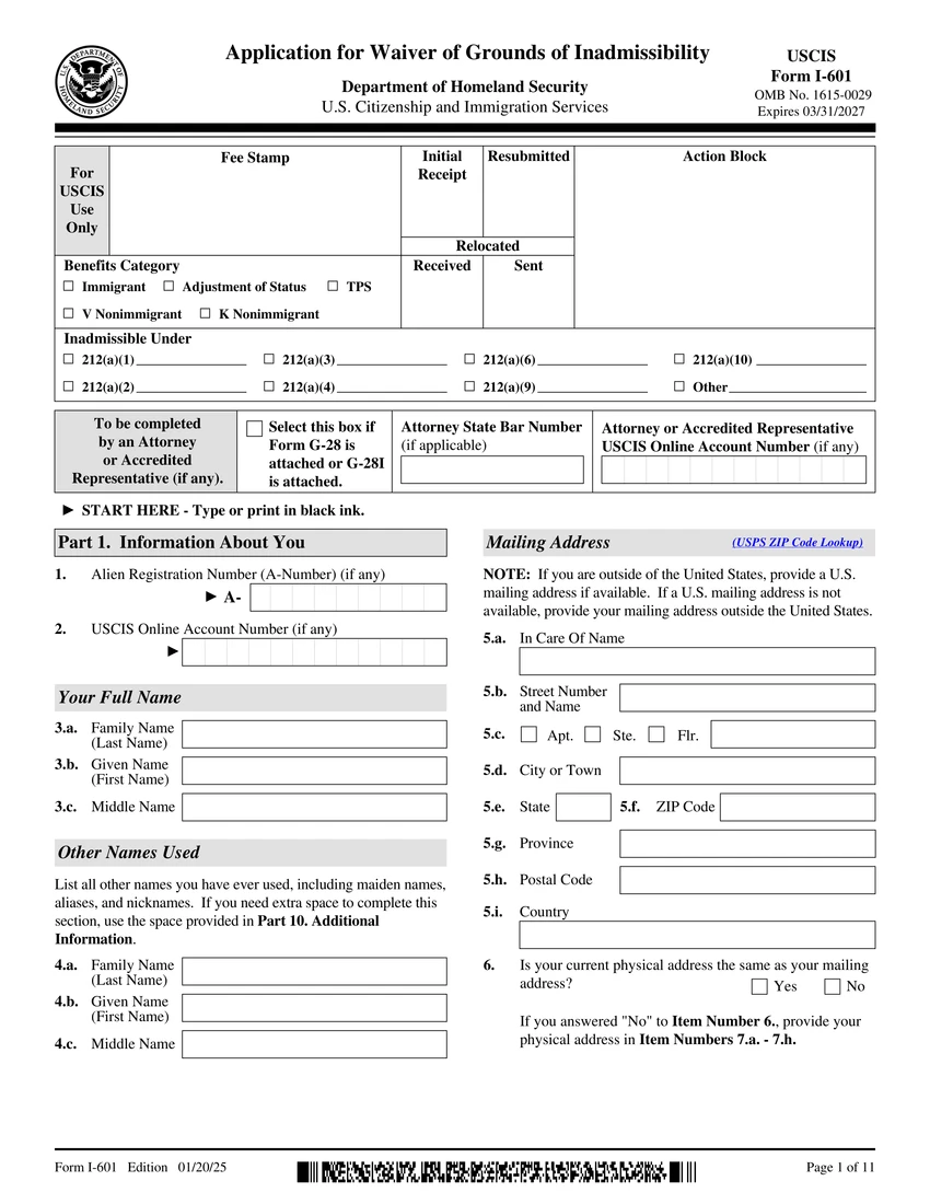 First page of I-601 form