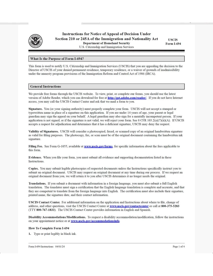 First page of I-694 form