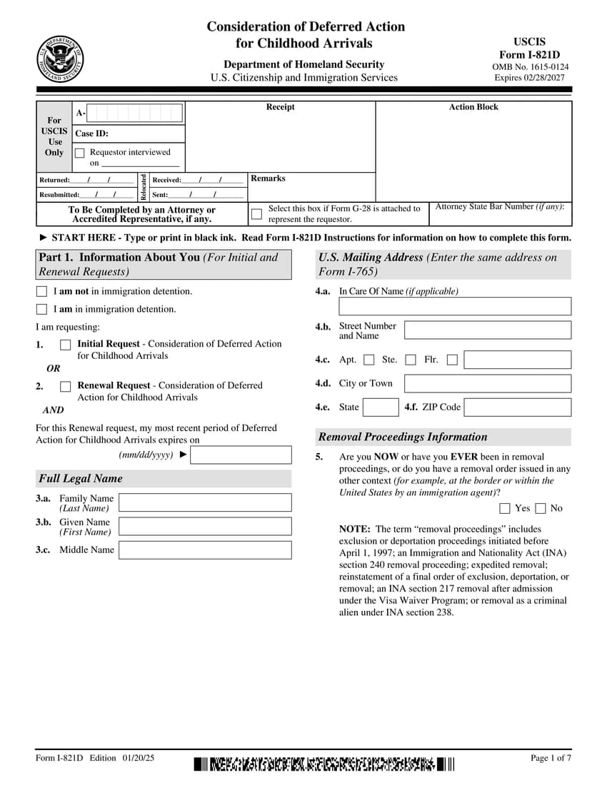 First page of I-821D form