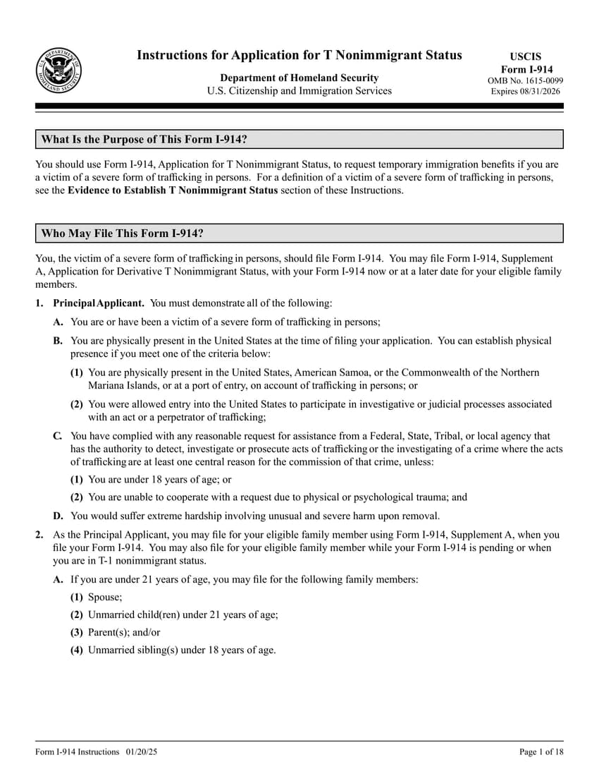 First page of I-914 form
