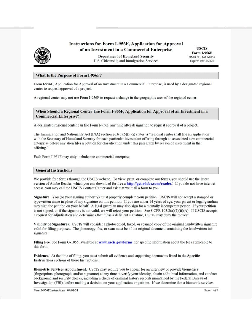 First page of I-956F form