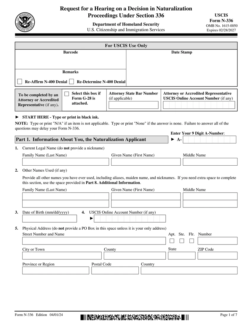 First page of N-336 form