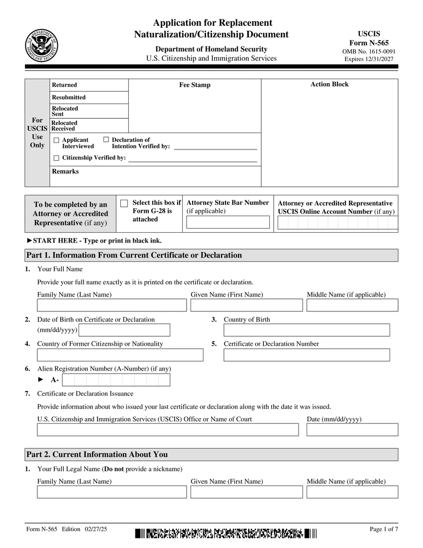 First page of N-565 form