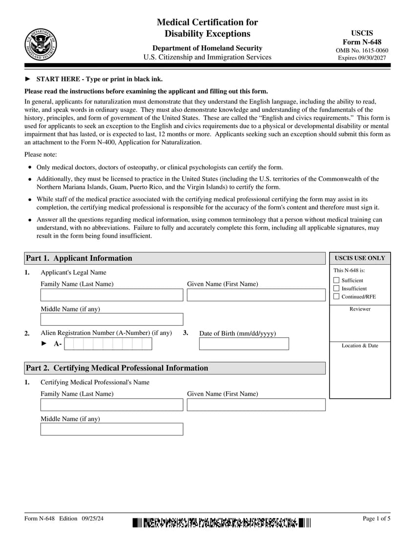 First page of N-648 form